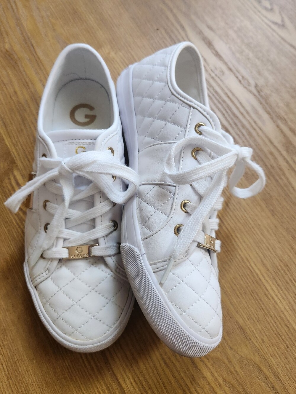 G by Guess White Quilted Lace-Up Sneakers with Gold Accents